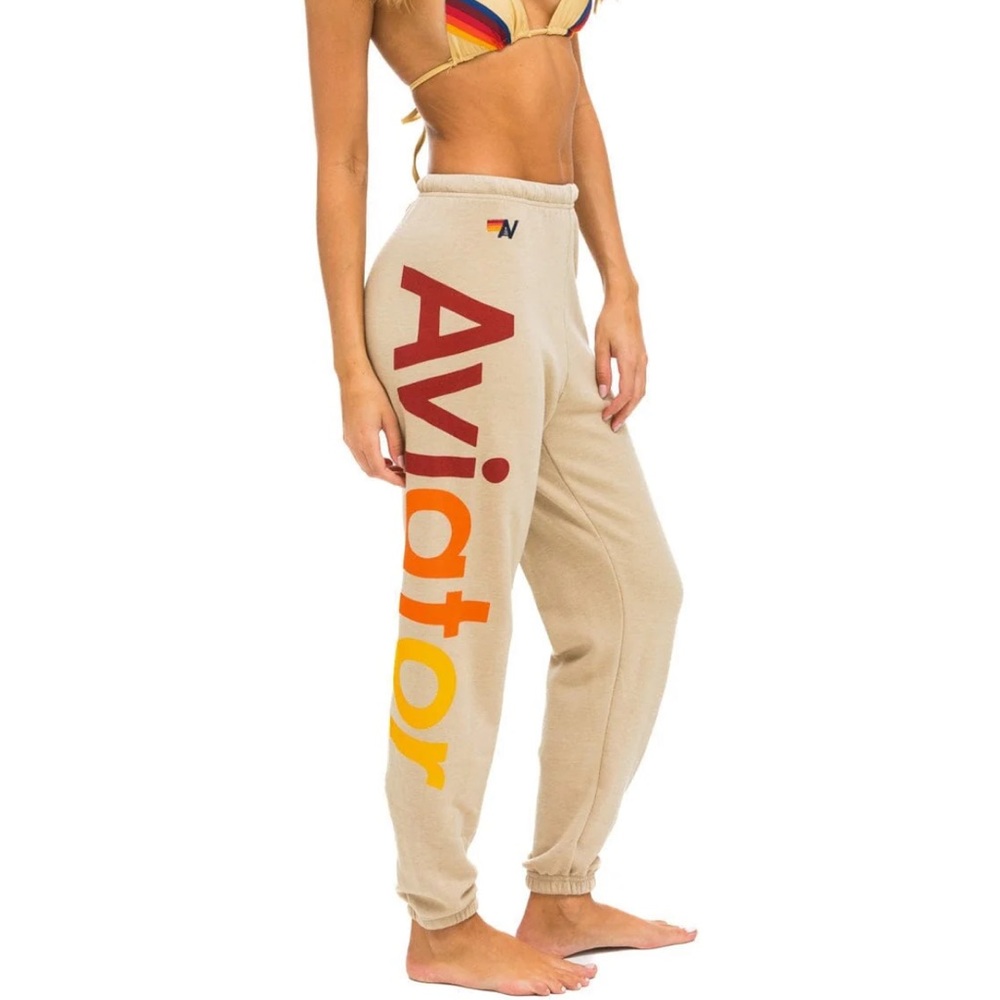 Aviator Nation BRAND NEW Beige Sweatpants with Multicolor Logo